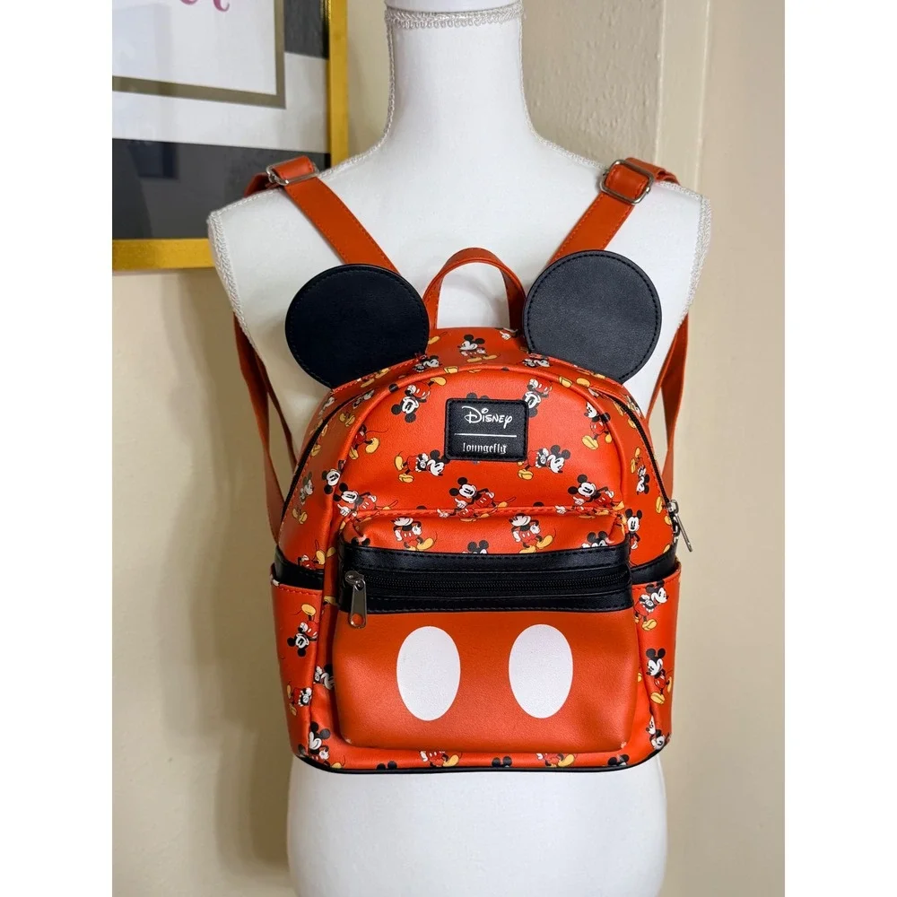 Loungefly Disney Mickey Mouse Mini Backpack Red Faux Leather 3D Ears Bag